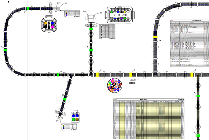Harness Builder for E3.series utilizes an extensive database of connectors, wires, and other harness accessories to design a complete wire harness.